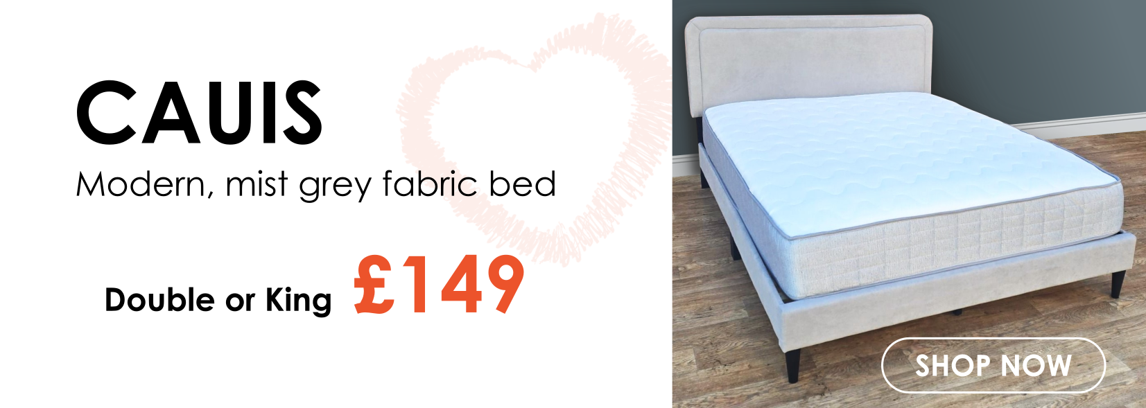 Cauis mist grey fabric bed - double or king size