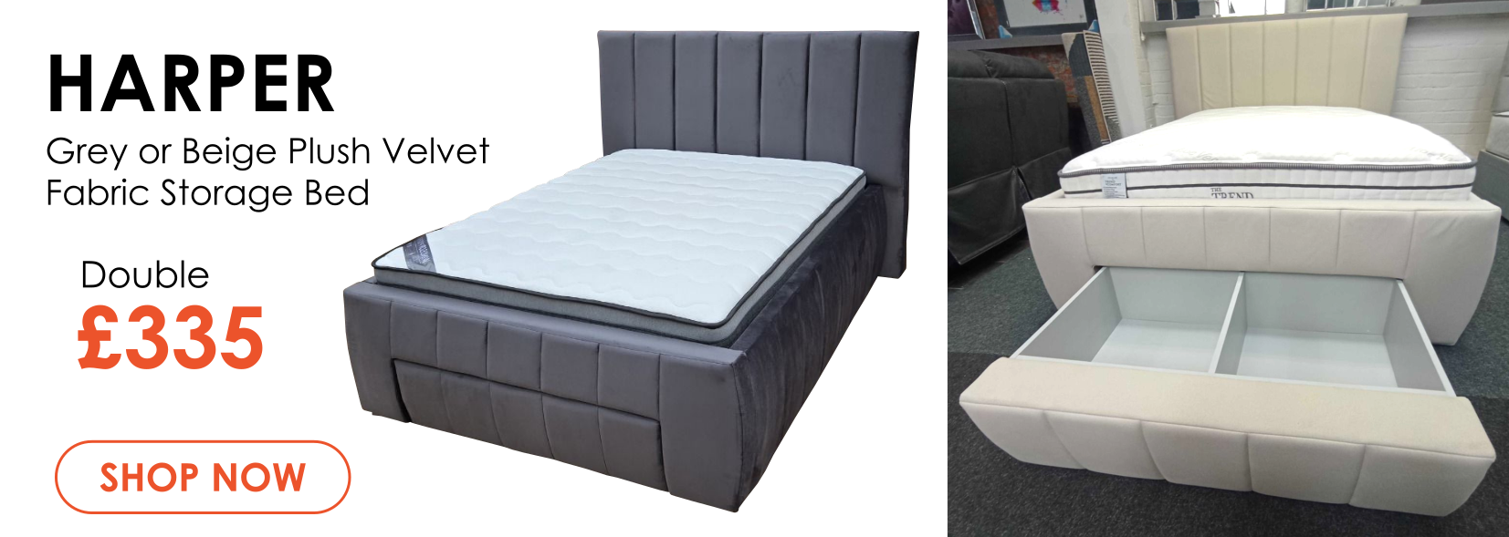 Harper fabric storage bed - Grey or beige - double