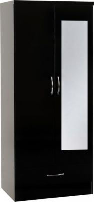 Nevada MIRRORED 2 Door 1 Drawer Wardrobe - 0.78m Black Gloss