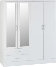 Nevada 4 Door 2 Drawer Mirrored Wardrobe 1.5m - White Gloss