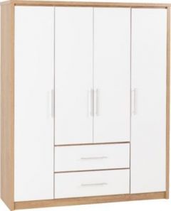 Seville 4 Door 2 Drawer Wardrobe 1.5m - White Gloss / Beech