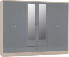 Nevada 6 Door 2 Drawer Mirrored Wardrobe 2.3m - Grey Gloss/Light Oak